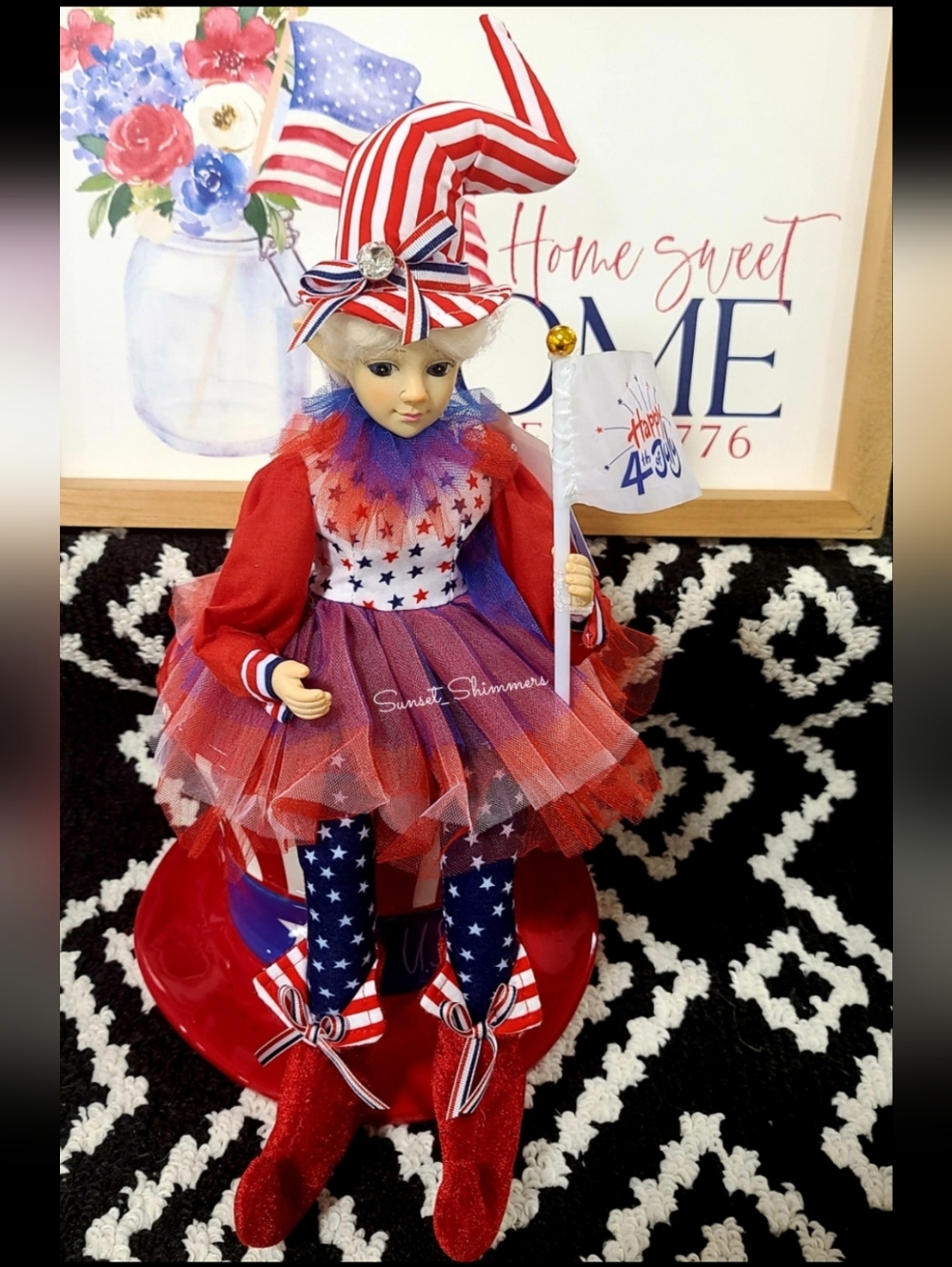 July 4th Patriotic Red White Blue Elf Fairy Doll Shelf Sitter 16" Americana New